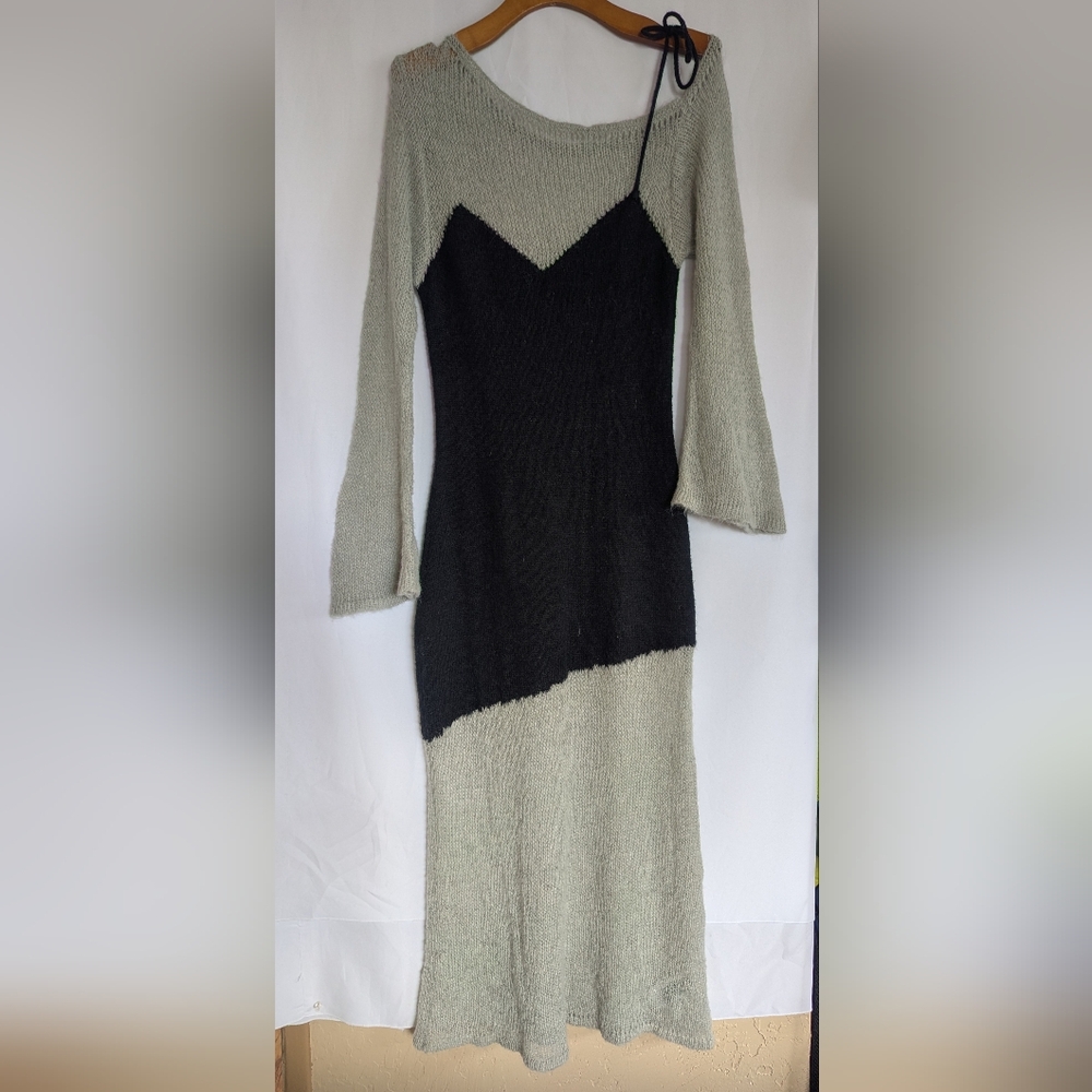 Cider Large Asymmetrical Knit Dress Long in Black Gray Sweater Off Shoulder